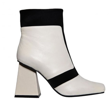 Side View: Women's Boot, Jeffrey Campbell Vicar, Color-block ankle boot, square heel and toe. White and Black. Neoprene and leather. Size 10