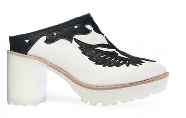 Side View: Women's Shoes, Women's Platform Slide, Jeffrey Campbell O-Ren, Leather upper, White Black, Size 7