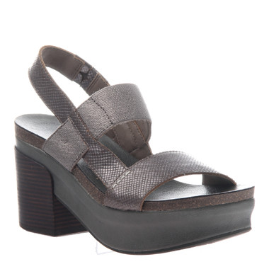 Quarter View:  Women Shoes, Women's Sandals, OTBT Indio, 3" stacked heel-platform sandal, Textured leather, Color Pewter.