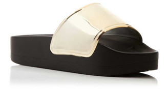 Quarter View: Women's Shoes, Women's Sandals, Jeffrey Campbell Follow Me, Platform Slides, 1.25" platform, Color: Gold Black