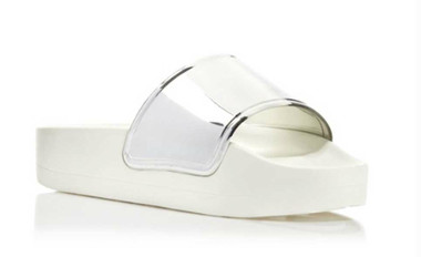 Quarter View: Women's Shoes, Women's Sandals, Jeffrey Campbell Follow Me, Platform Slides, 1.25" platform, Color: Silver White
