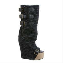 Side View: Women's Shoes, Women's Boots, Irregular Choice Mo Money, Mo Money Boot, Mo Money Open Toe boot, Funky Boots, Color Black- polka dots in white