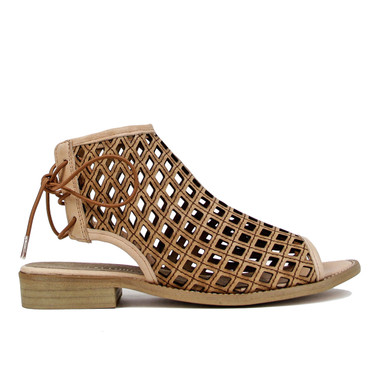 Side View: Women's Shoes, Women's Flat Sandal, Musse and cloud aimy, Perforated leather, 1" heel, Color: Cue (Tan)