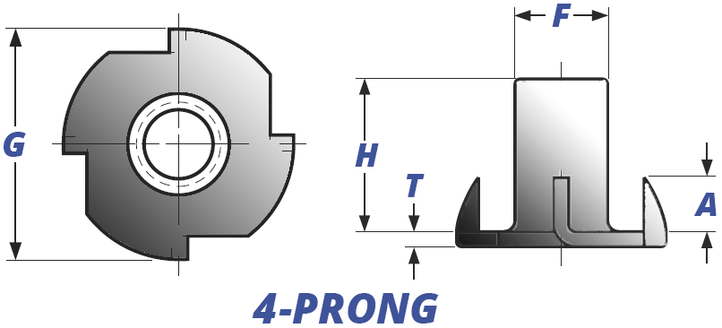 4-Prong T-Nuts, Straight Barrel Drawing