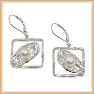 Sterling Silver Square, Diagonal Oval and Pearl Earrings