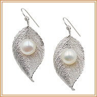 Pearl and Sterling Silver Folded Leaf Earrings