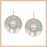 Brushed Sterling Silver Curved Disc and Pearl Earrings