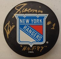 Eddie Giacomin Autographed New York Rangers Puck w/ "HOF 87"