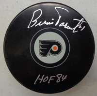 Bernie Parent Autographed Philadelphia Flyers Logo Puck w/ "HOF 84"