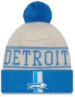 Detroit Lions New Era 2023 Sideline Historic Pom Cuffed Knit Hat - Cream/Blue