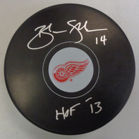 Brendan Shanahan Autographed Detroit Red Wings Souvenir Logo Puck w/ "HOF 13"