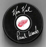 Ken Kal & Paul Woods Autographed Detroit Red Wings Souvenir Puck