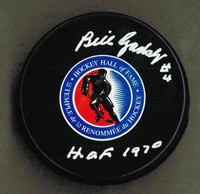 Bill Gadsby Autographed Hall of Fame Logo Puck w/ "HOF"