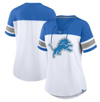 Detroit Lions Women's Fanatics White/Blue Athena Rhinestone Lace-Up V-Neck T-Shirt
