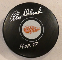 Alex Delvecchio Autographed Red Wings Puck w/ "HOF 77" (Small Logo)