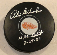Alex Delvecchio Autographed Red Wings Puck w/ "NHL Debut 3/25/51"