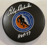 Alex Delvecchio Autographed Hall of Fame Puck w/ "HOF 77"
