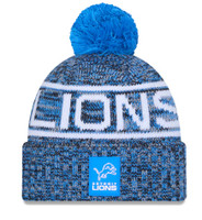 Detroit Lions Men's New Era Blue 2025 Sideline Cold Weather Cuffed Knit Hat with Pom