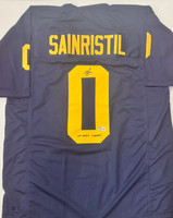 Mike Sainristil Autographed Blue Custom Jersey with National Champ Inscription