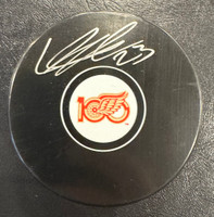 Lucas Raymond Autographed Red Wings 100th Anniversary Logo Puck 