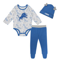 Detroit Lions Infant Little Champ Long Sleeve Bodysuit, Pants & Cuffed Knit Hat 3-Piece Set