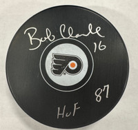 Bobby Clarke Autographed Philadelphia Flyers Logo Puck with HOF 87 Inscription