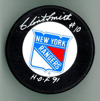 Clint Smith Autographed Rangers Hockey Puck w/ "HOF"