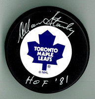 Allan Stanley Autographed Maple Leafs Hockey Puck w/ "HOF"