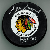 Denis Savard Autographed Blackhawks Hockey Puck w/ "HOF"