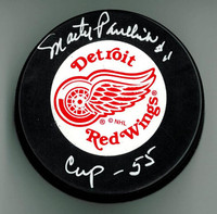 Marty Pavelich Autographed Red Wings Puck w/ "Cup 55"