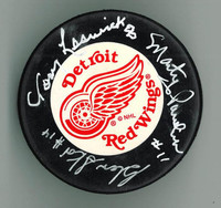 Tony Leswick, Glen Skov, and Marty Pavelich Autographed Puck