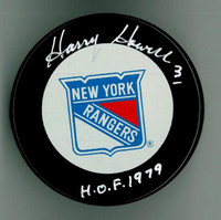 Harry Howell Autographed Rangers Game Puck w/ "HOF"