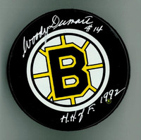 Woody Dumart Autographed Bruins Game Puck w/ "HOF"