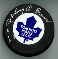 Johnny Bower Autographed Maple Leafs Puck w/ "HOF"