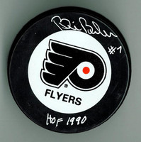 Bill Barber Autographed Game Puck w/ "HOF"