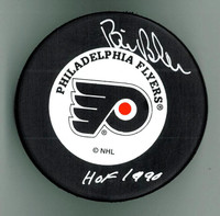 Bill Barber Autographed Hockey Puck w/ "HOF"