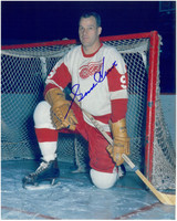Gordie Howe Autographed Detroit Red Wings 8x10 Photo #1 - Kneeling in front of net