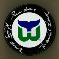 Gordie Howe, Mark Howe, and Marty Howe Autographed Hartford Whalers Puck
