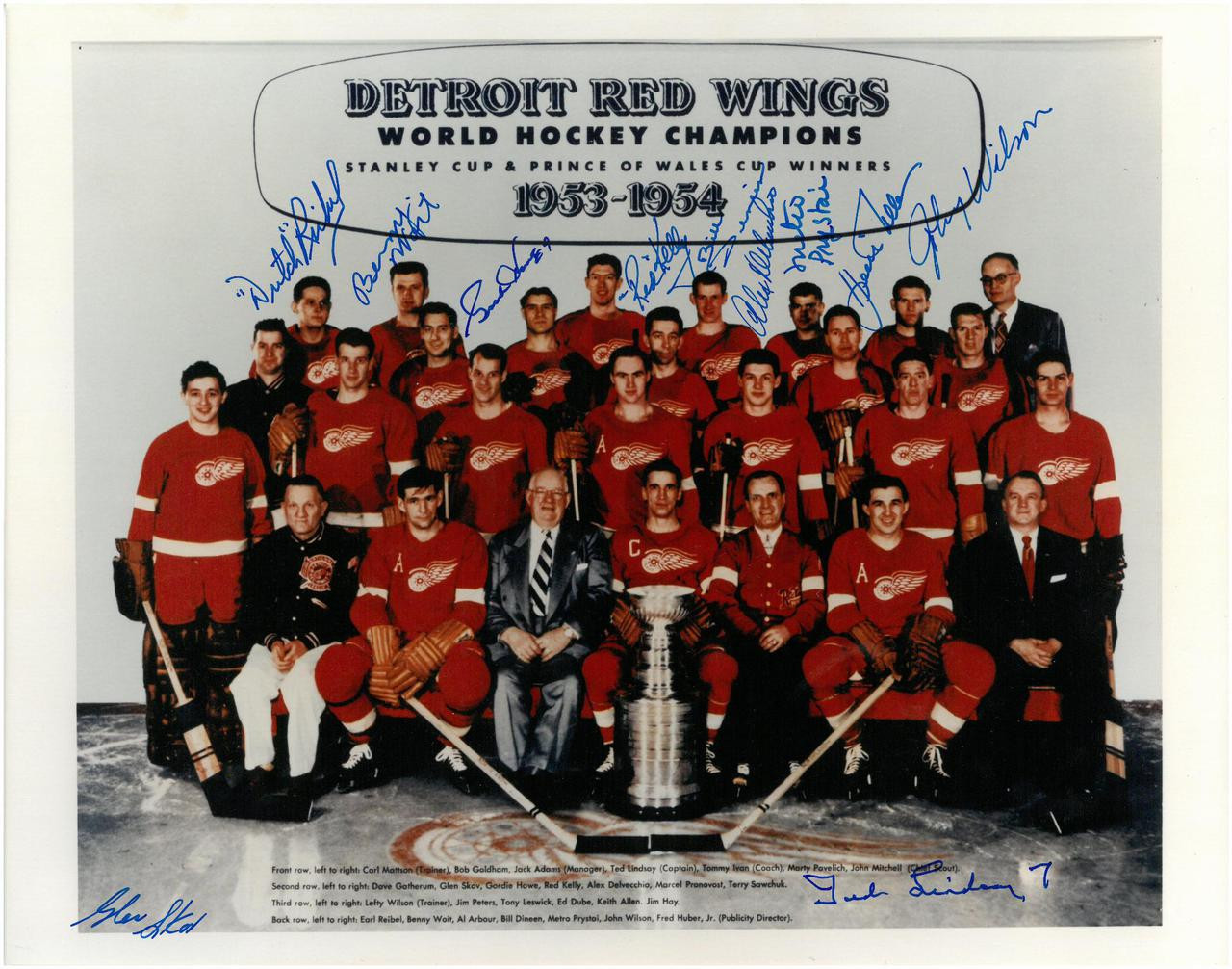 1953/54 DETROIT RED WINGS TEAM SIGNED 11X14 B&W PHOTO - 13