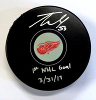 Taro Hirose Autographed Detroit Red Wings Souvenir Puck with "1st NHL Goal 3/31/19" Inscription