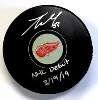 Taro Hirose Autographed Detroit Red Wings Souvenir Puck with "NHL Debut 3/19/19" Inscription