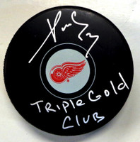 Pavel Datsyuk Autographed Detroit Red Wings Puck Inscribed "Triple Gold Club"