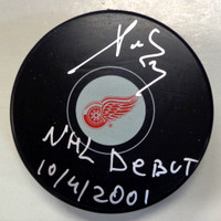 Pavel Datsyuk Autographed Detroit Red Wings Puck Inscribed "NHL Debut 10/4/2001"
