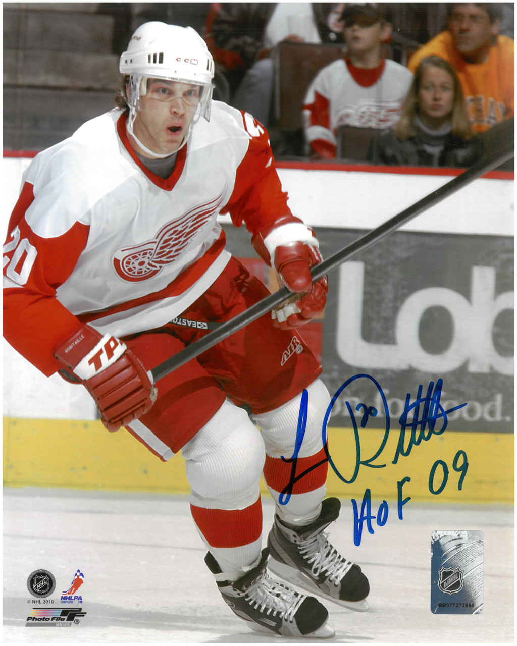 Luc Robitaille Autographed Detroit Red Wings 8x10 Photo w/HOF 09  Inscription