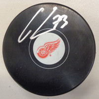 Adam Erne Autographed Detroit Red Wings Logo Puck