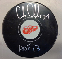 Chris Chelios Autographed Detroit Red Wings Logo Puck w/ "HOF 2013" Inscription