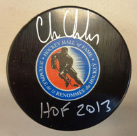 Chris Chelios Autographed Detroit Hall of Fame Logo Puck w/ "HOF 2013" Inscription