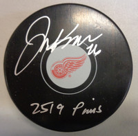 Joe Kocur Autographed Detroit Red Wings Logo Puck with "2519 PIMS"