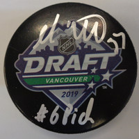 Moritz Seider Autographed 2019 NHL Draft Logo Puck w/ "#6 Pick"