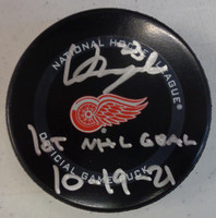 Lucas Raymond Autographed Detroit Red Wings Game Puck w/ 1st NHL Goal